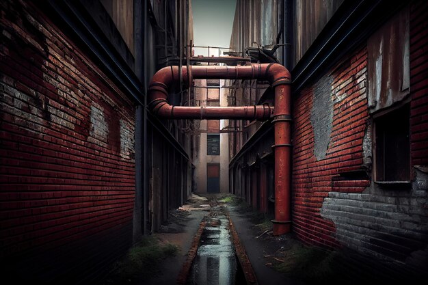 Photo a gloomy industrial brick wall with rusty pipes running along it