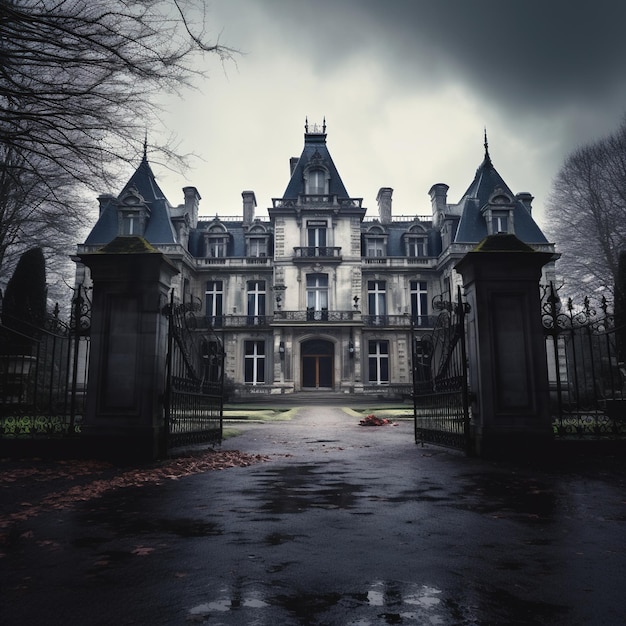 Gloomy mansion with a dark and stormy sky