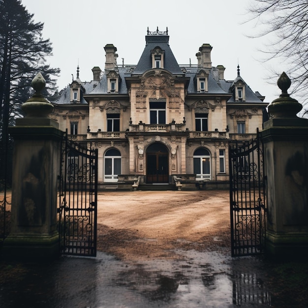 Gloomy mansion with overgrown plants