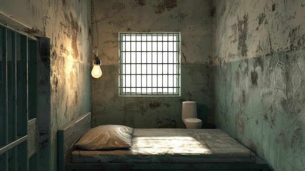 Premium AI Image | Gloomy Prison Cell with a Single Bed and Window