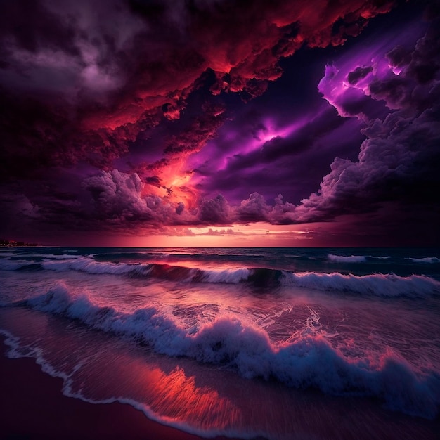 Gloomy purple sunset on the beach