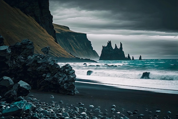 Gloomy rocks protruding from sea at iceland beach