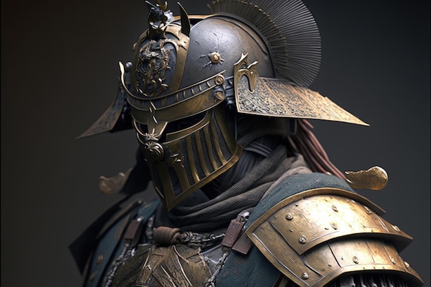 Gloomy samurai warrior with armor black background Generative AI