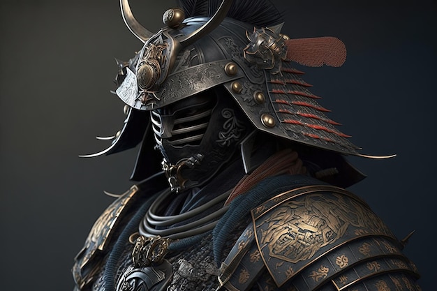 Photo gloomy samurai warrior with armor black background generative ai