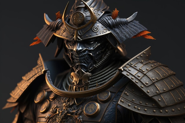 Gloomy samurai warrior with armor black background Generative AI