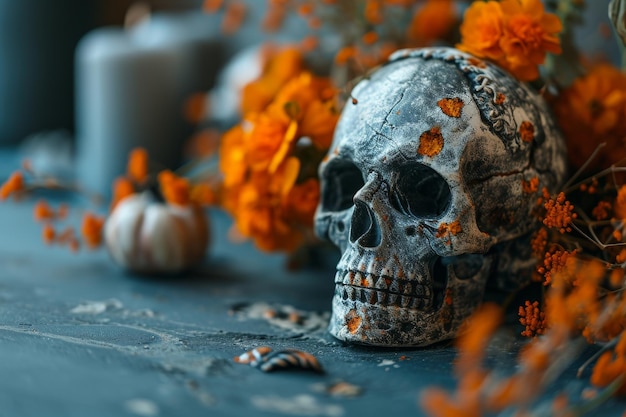 gloomy sea of screams and floral skulls Gloomy and scary background for Halloween Day of the Dead Halloween concept AI generated