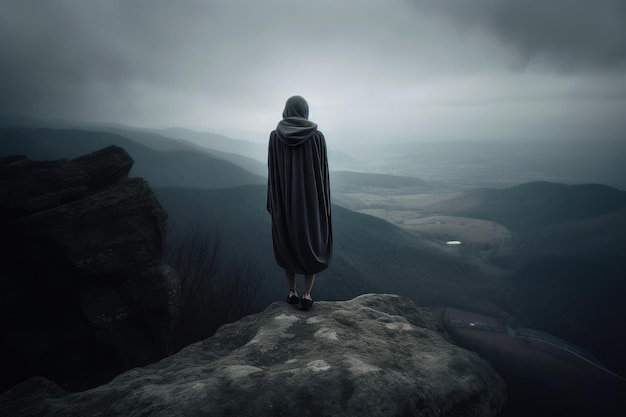 Photo gloomy shot of a young woman standing on the precipice of a mountain ai generated