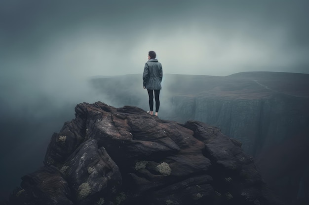 Gloomy shot of a young woman standing on the precipice of a mountain