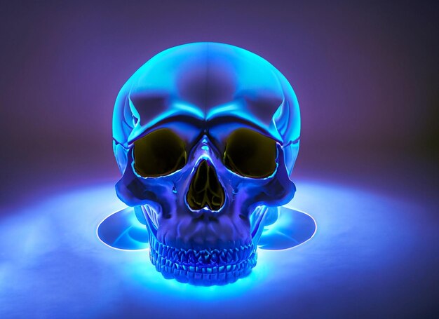 Gloomy skull illuminated by blue light on ground