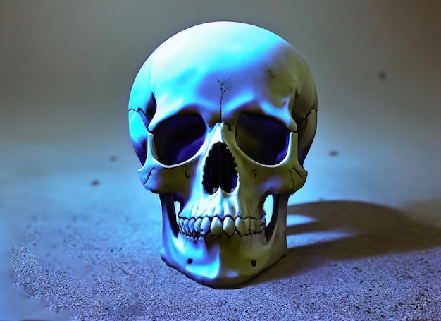 Gloomy skull illuminated by blue light on ground