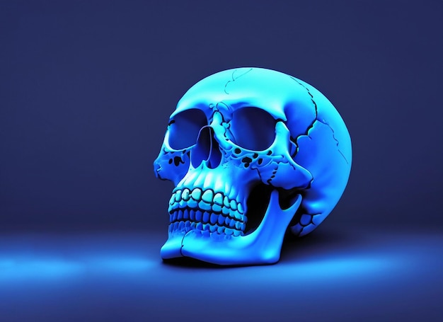 Gloomy skull illuminated by blue light on ground