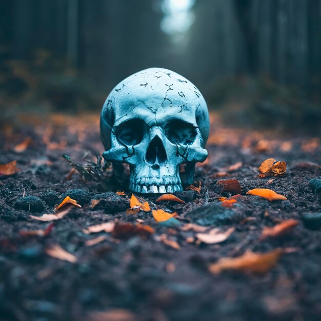 Gloomy skull illuminated by blue light on ground