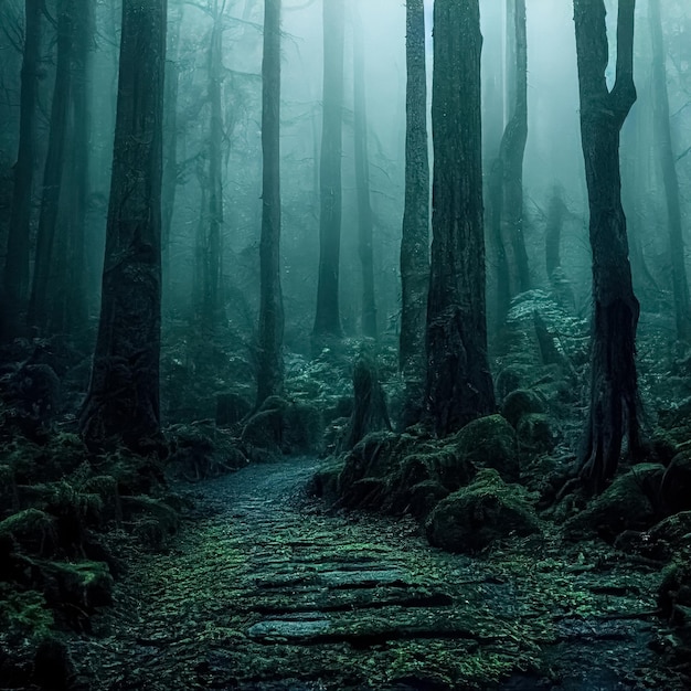 暗い不気味な霧の暗い森の風景神秘的な恐怖の森の背景 3 D イラスト