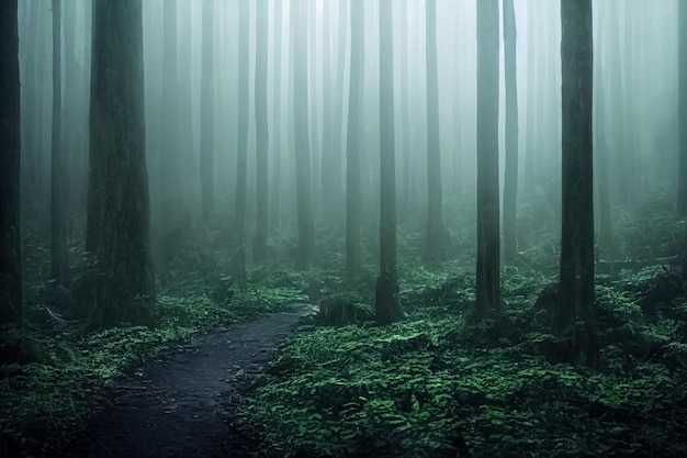 Gloomy, spooky, foggy dark forest landscape. Surreal mysterious horror forest background.