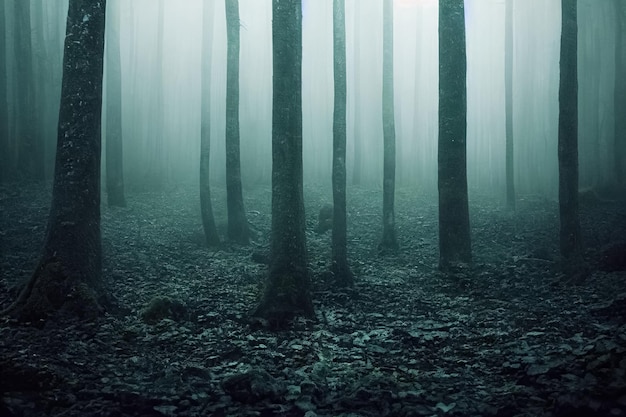 暗い、不気味な、霧のような暗い森の風景。超現実的な神秘的な恐怖の森の背景。