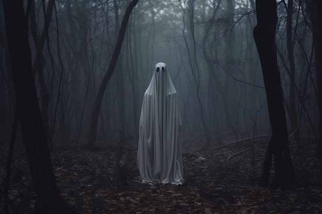 Gloomy spooky ghost standing in the forest Halloween concept