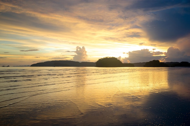 Gloomy tropical sunsetSunset over Water and IslandsThailand Krabi Province Ao Nang Beach