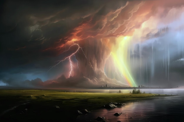 Gloomy Weather With Clouds And Rainbows Beneath The Rainbow Is Lightning Generative AI