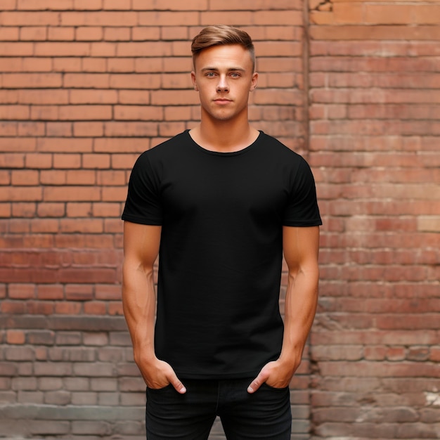 Gloomy young model in a clean unlabeled black tshirt mockup