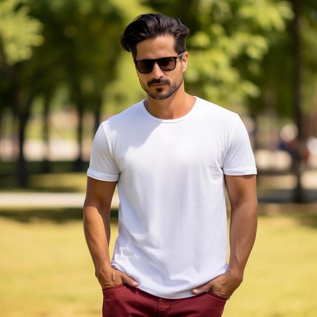 Photo gloomy young model in a clean unlabeled white tshirt mockup