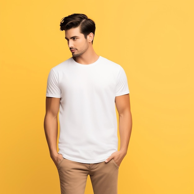 Photo gloomy young model in a clean unlabeled white tshirt mockup