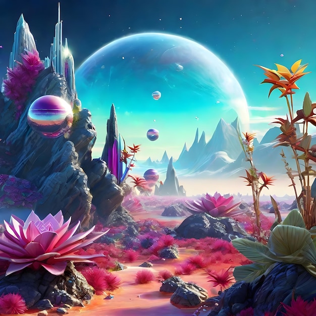 Glorious alien landscape illustration with floating crystals and foreign plants AI Generate image