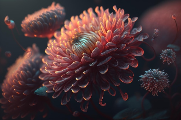 Glorious Beauty of Chrysanthemum Tree Crimson Glowing Blossoms on Branch Illuminated by Daylight