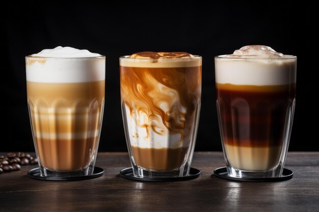 Photo glorious glasses of coffee discover the delightful blend of latte macchiato espresso and foamed m