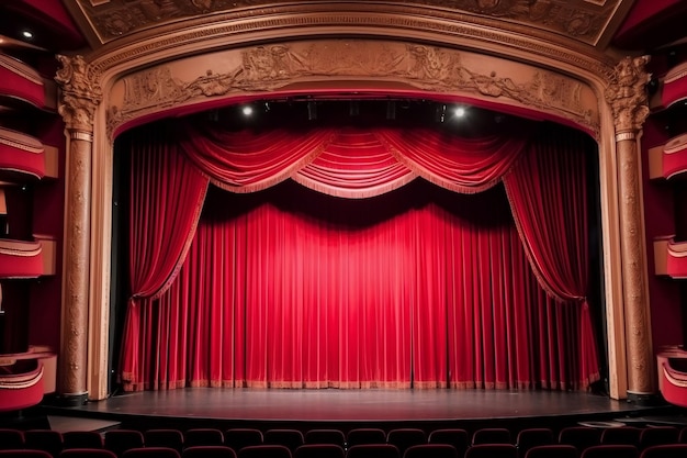 Glorious red curtain above empty theatre stage generative ai