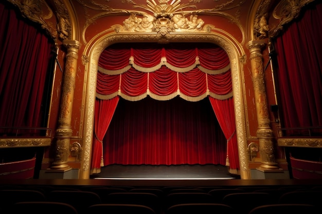 Glorious red curtain above empty theatre stage generative ai