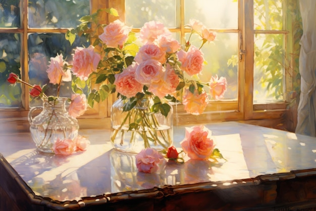 テーブル の 上 に 太陽 の 光 に 照らさ れ て いる 輝かしい バラ