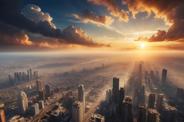 Glorious sunset over a highlypopulated city accentuated by dust particles