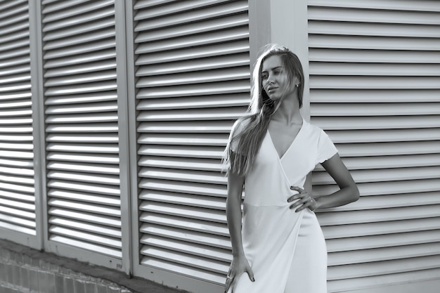 Glorious woman wears fashionable dress posing at the street near metal shutters. Copy space. Monochrome color