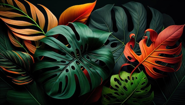 Glossy background of colorful tropical leaves closeup by Generative AI