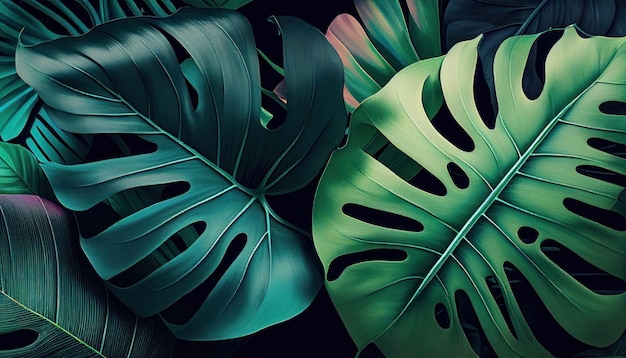 Glossy background of colorful tropical leaves closeup by Generative AI