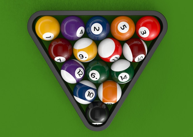 Glossy billiard balls set on a green billiards table