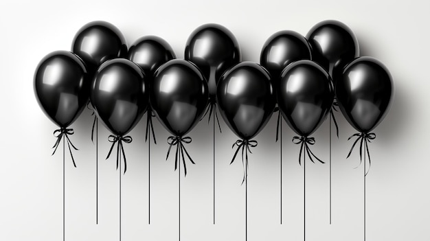 Glossy black balloons on white ai generated banner background copy space Monochrome party image backdrop empty Formal gathering decoration Anniversary concept composition front view copyspace