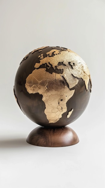 Glossy black globe showcasing africa with golden continents resting on a wooden stand against a