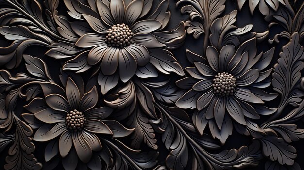 Photo glossy black leather engraved with a flower design background image elegant copy space generative ai