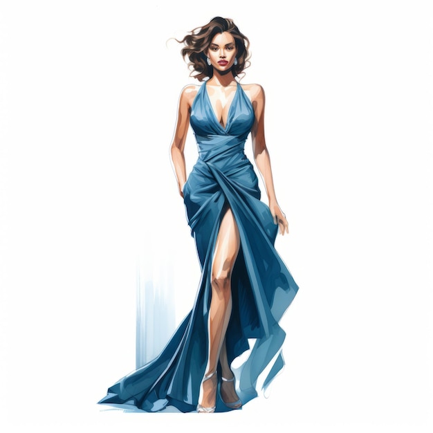 Glossy Blue Dress Girl Twisted Realistic Illustration With Hollywood Glamour