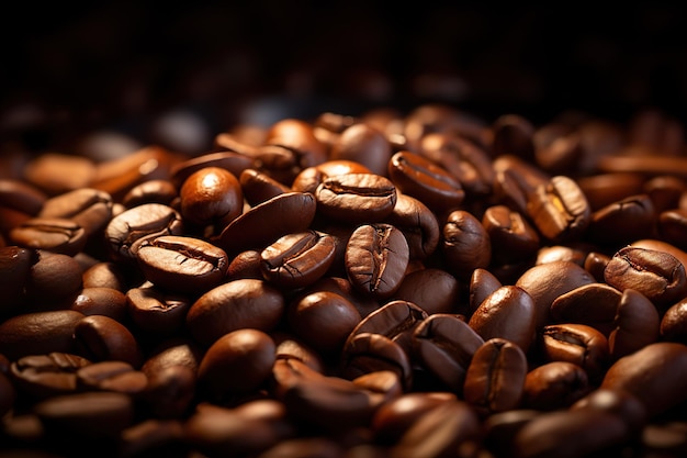 Glossy Coffee Beans Tumbling in Sunlight on Dark Backdrop