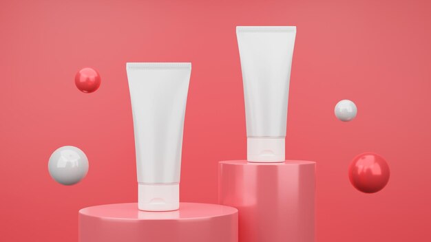 Foto composizione rosa del tubo di crema cosmetica lucida