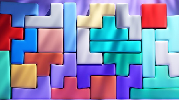 Glossy d animation of interlocking puzzle pieces in a seamless colorful tessellation