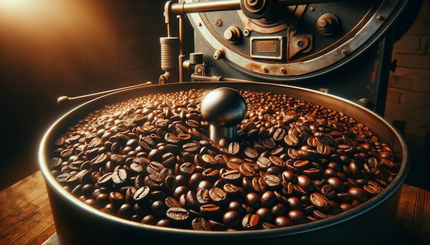 Glossy Freshly Roasted Coffee Beans in Industrial Roaster