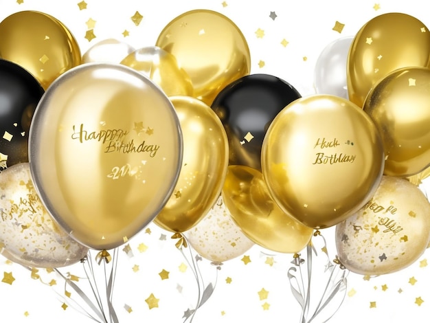 Photo glossy gold flying helium balloons backdrop with blur effect wedding birthday and anniversary back