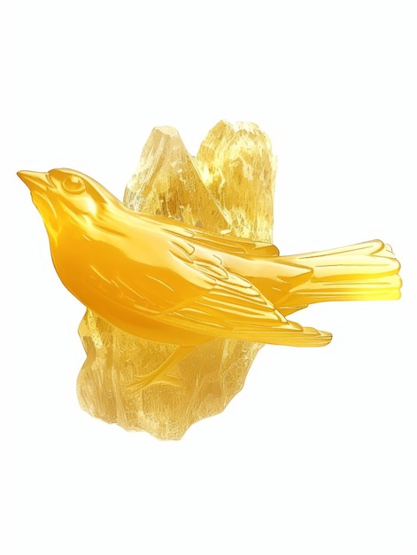 A glossy golden bird figurine perched atop a crystal structure reflecting luxury and elegance