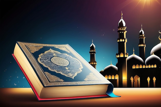 Glossy Islamic Religious Book Quran Shareef on Mosque silhouetted shiny background for Muslim Community Festival celebration