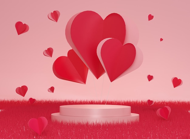 Glossy luxury podium for your design. Pink gift box, Pink balloon and heart on pastel background. Happy Valentine's Day.