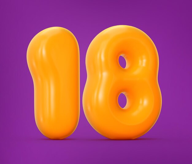 Фото Глянцевое оранжевое желе номер 18 или восемнадцать на белом фоне 3d иллюстрация