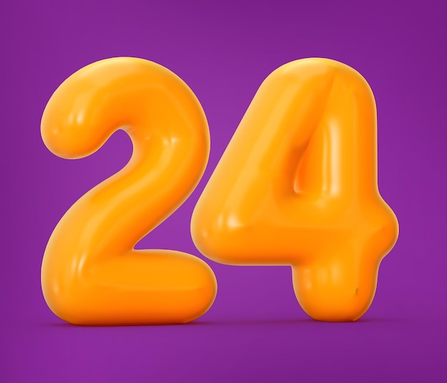 Фото Глянцевое оранжевое желе номер 24 или двадцать четыре, изолированное на фиолетовом цвете с теневой 3d иллюстрацией